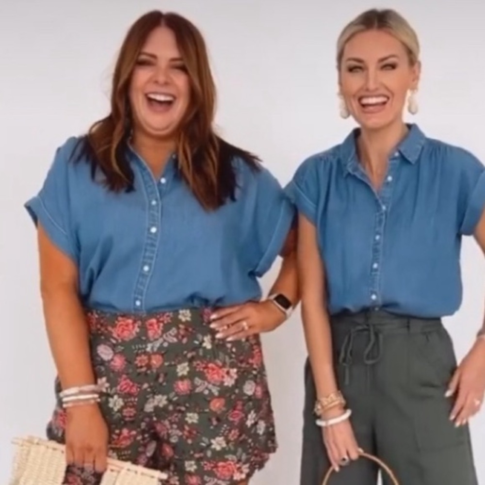 LOFT chambray denim top with cap sleeves